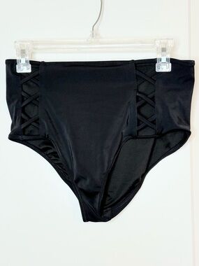 Shade & Shore Black High Waisted Bikini Bottom Criss Cross Side Medium Swim